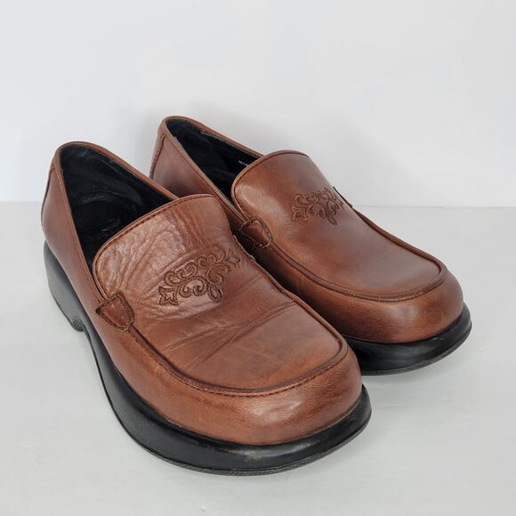 DANSKO Royal Romance Leather Embroidered Chunky Clog Loafers Brown sz 38 - Picture 3 of 10
